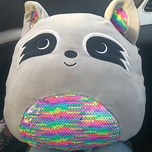Squishmallo 12" Stuffed Puff. Gray and Rainbow Sequin Raccoon Pillow